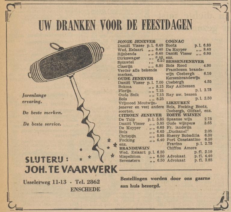 Usselerweg 11-13 slijterij Joh. te Vaarwerk advertentie Tubantia 20-12-1956.jpg