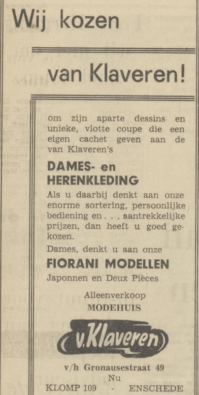 De Klomp 109 voorheen Gronausestraat 49 Modehuis van Klaveren advertentie Tubantia 25-3-1966.jpg