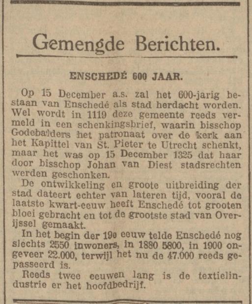 Enschede 600 jaar krantenbericht Voorwaarts  sociaal-democratisch dagblad 11-5-1925.jpg