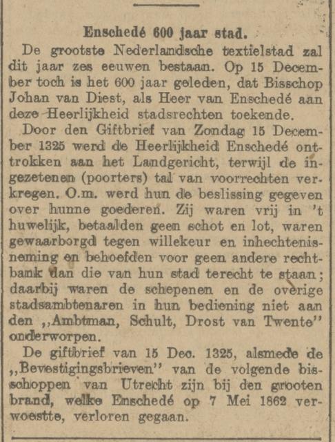 Enschede 600 jaar stadsrechten krantenbericht Haagsche Courant 9-2-1925.jpg
