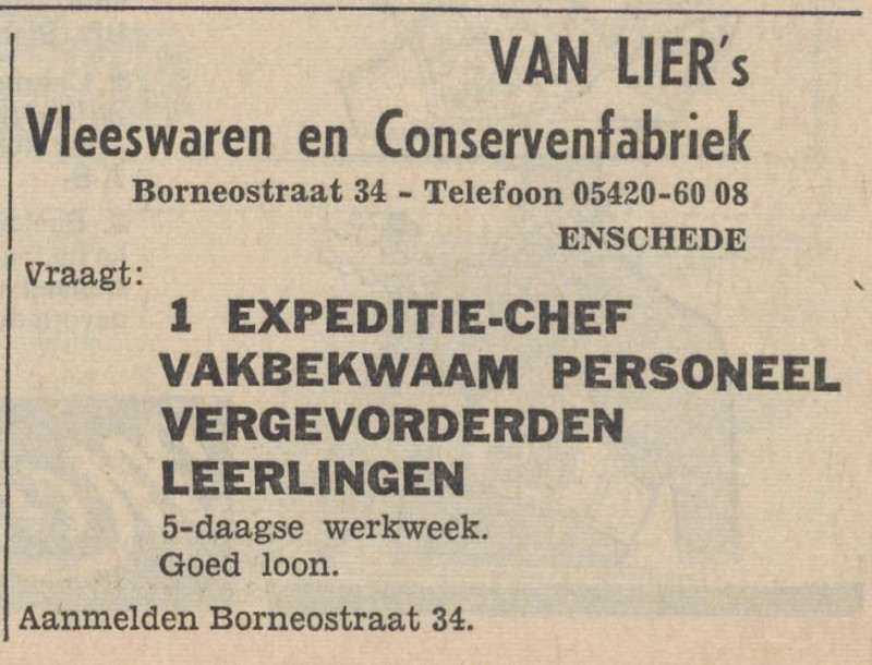 Borneostraat 34 Van Lier Vleeswaren- en Conservenfabriek advertentie Tubantia 30-9-1961.jpg