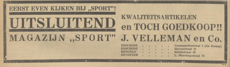 Gronausestraat 1 De Klomp Magazijn Sport J. Velleman en Co. advertentie Tubantia 19-3-1932.jpg