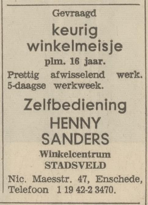 Nicolaas Maesstraat 47 winkelcentrum Stadsveld zelfbediening Henny Sanders advertentie Tubantia 2-11-1966.jpg