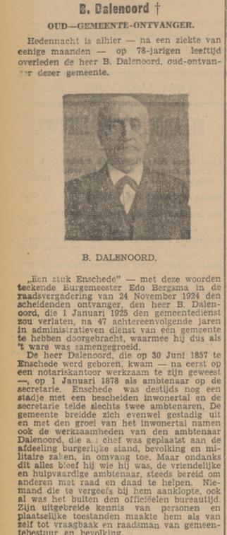 B. Dalenoord oud gemeenteontvanger overleden krantenbericht Tubantia 14-2-1936.jpg