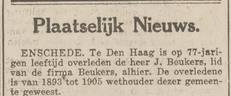 J. Beukers oud wethouder Enschede overleden krantenbericht 10-5-1930.jpg