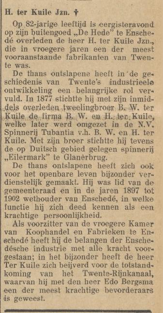 H. ter Kuile Jzn oud wethouder Enschede overleden krantenbericht 6-2-1935.jpg