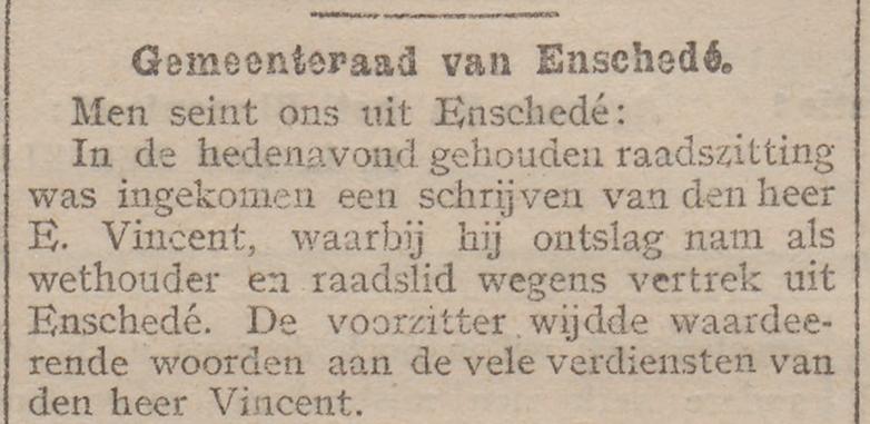 E. Vincent ontslag wethouder en raadslid Enschede krantenbericht 15-6-1905.jpg