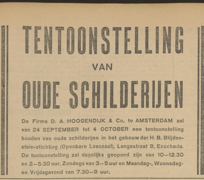 Langestraat 9 Openbare Leeszaal H.B. Blijdensteinstichting advertentie Tubantia 24-9-1927.jpg