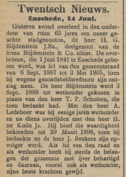 H.G. Blijdenstein J.Bzn, lid gemeenteraad Enschede 6-9-1887 tot 3-5-1905 overleden 13-9-1906 krantenbericht Tubantia 14-6-1906.jpg