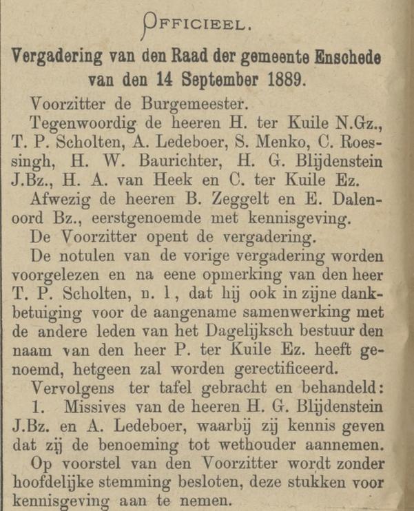 H.G. Blijdenstein J.Bzn. wethouder Enschede krantenbericht Tubantia 18-9-1889.jpg