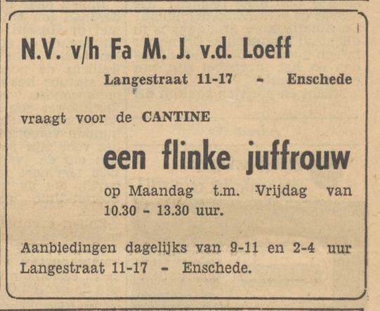 Langestraat 11-17 N.V. vh Fa. M.J. v.d. Loeff advertentie Tubantia 4-10-1955.jpg