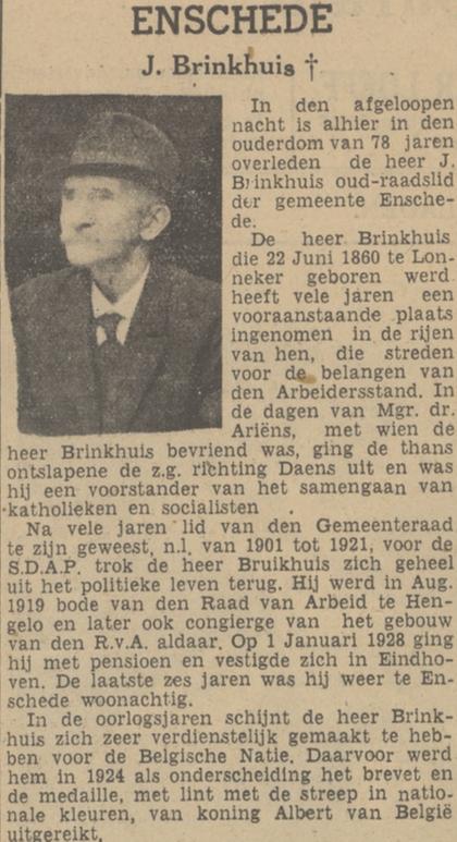 J. Brinkhuis raadslid gemeente Enschede van 1901 tot 1921 overleden krantenbericht Tubantia 26-7-1938.jpg
