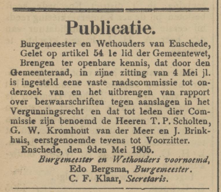 J. Brinhuis lid gemeenteraad Enschede krantenbericht Tubantia 11-5-1905.jpg