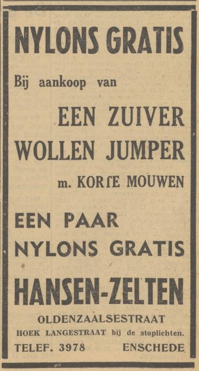 Oldenzaalsestraat 1 hoek Langestraat Hansen Zelten advertentie Tubantia 2-10-1951.jpg