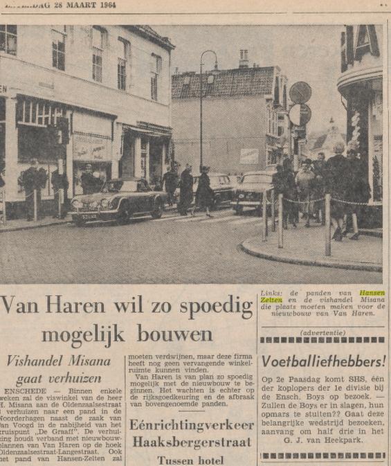 Oldenzaalsestraat 1 hoek Langestraat pand Hansen Zelten krantenbericht Tubantia 28-3-1964.jpg