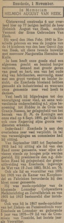 Helmich August van Heek overleden krantenbericht Tubantia 1-11-1917.jpg