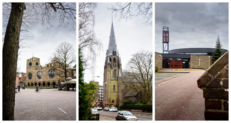 De drie katholieke kerken in Enschede. Vanaf links de Jacobuskerk, de St. Jozefkerk en de St. Jankerk.jpg