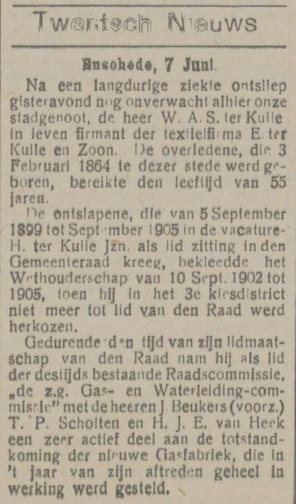 W.A.S. ter Kuile raadslid en oud wethouder Enschede overleden krantenbericht Tubantia 7-6-1919.jpg
