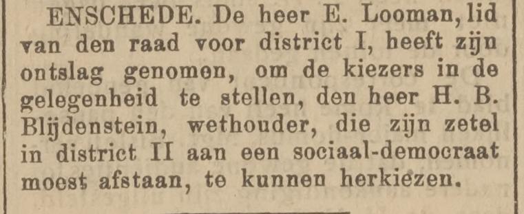 E. Looman ontslag genomen gemeenteraad Enschede krantenbericht 25-7-1911.jpg