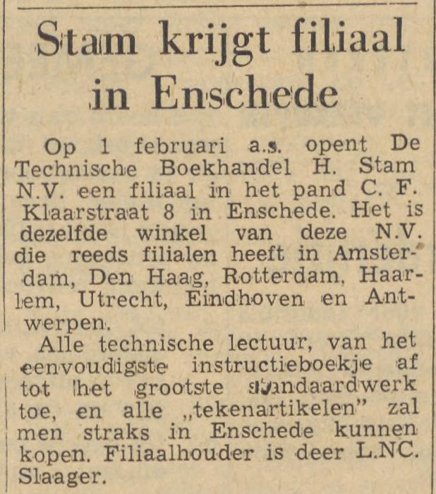 C.F. Klaarstraat 8 De Technische Boekhandel H. Stam N.V. krantenbericht Tubantia 26-1-1963.jpg