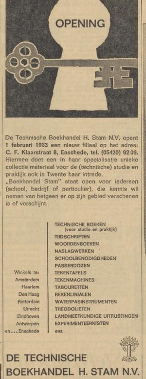 C.F. Klaarstraat 8 De Technische Boekhandel H. Stam N.V. advertentie Tubantia 31-1-1963.jpg