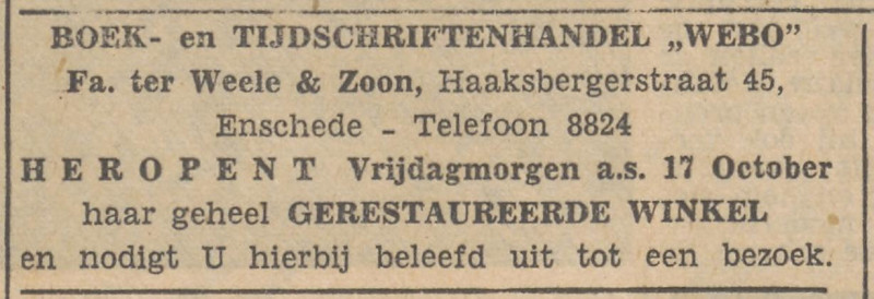 Haaksbergerstraat 45 Boek- en Tijdschriftenhandel WEBO Fa. Ter Weele & Zoon advertentie Tubantia 15-10-1972.jpg