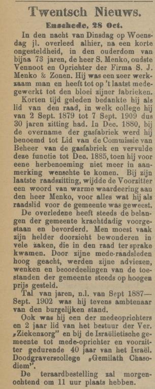 S. Menko overleden krantenbericht Tubantia 28-10-1909.jpg