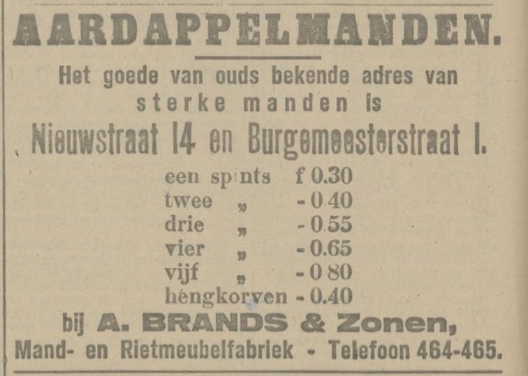 Nieuwstraat 14 A. Brands & Zonen mand- en rietmeubelfabriek  advertentie Tubantia 27-8-1918.jpg