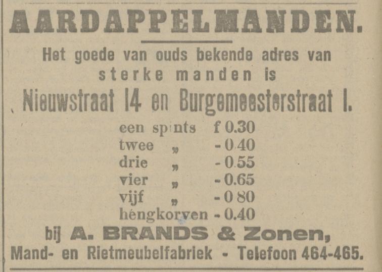 Nieuwstraat 14 A. Brands & Zonen mand- en rietmeubelfabriek advertentie Tubantia 27-8-1918.jpg