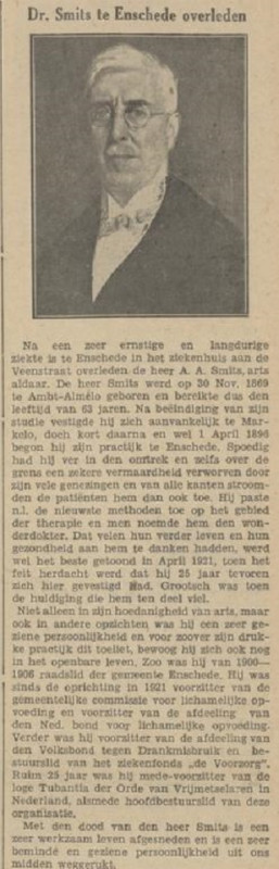 A.A. Smits arts en oud raadslid Enschede overleden krantenbericht 5-12-1932.jpg