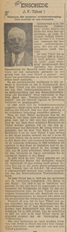 J.F. Tijhof oud raadslid Enschede overleden krantenbericht Tubantia 27-6-1938.jpg