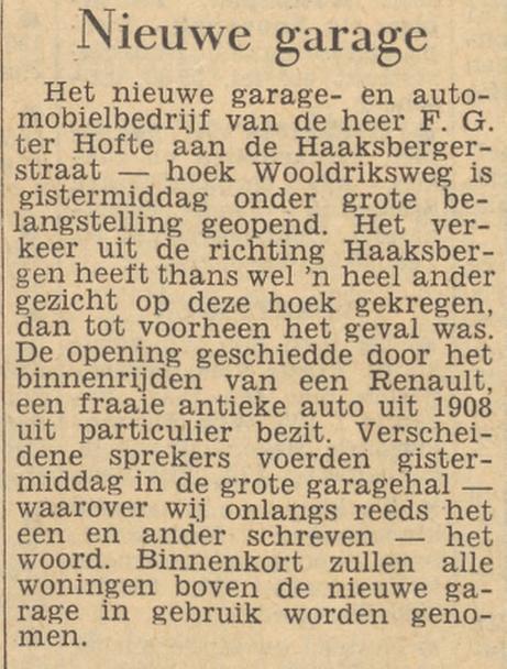 Haaksbergerstraat 139-141 hoek Wooldriksweg opening garagebedrijf F.G. ter Hofte krantenbericht Tubantia 9-4-1960.jpg