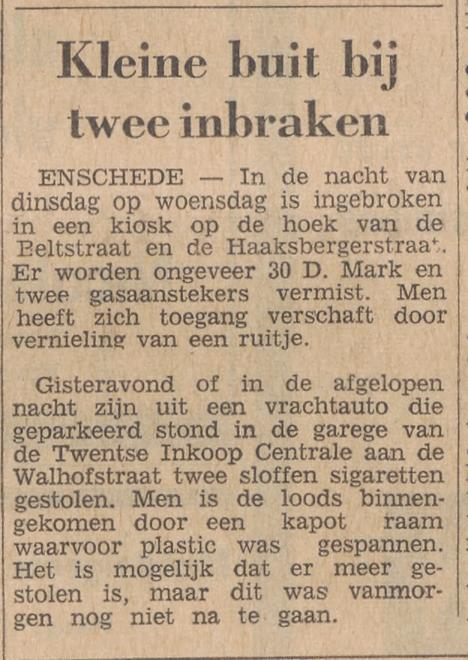 Haaksbergerstraat hoek Beltstraat inbraak kiosk krantenbericht Tubantia 8-12-1965.jpg