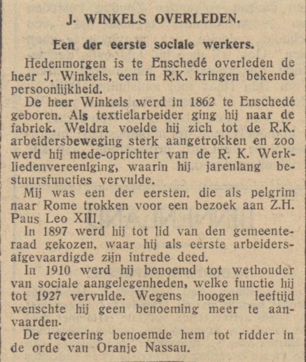 J. Winkels oud wethouder Enschede overleden krantenbericht 30-6-1931.jpg