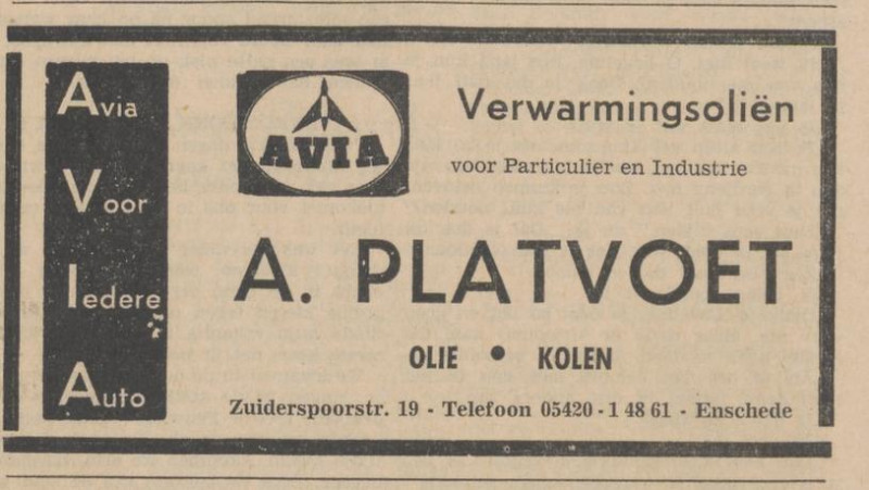 Zuiderspoorstraat 19 Avia olie kolen A. Platvoet advertentie Tubantia 13-9-1965.jpg