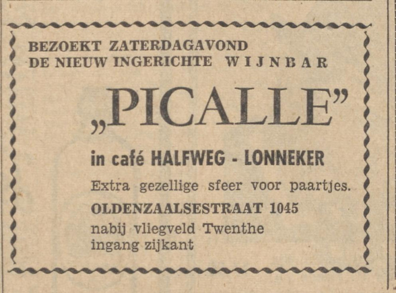Oldenzaalsestraat 1045 cafe Halfweg wijnbar Picalle advertentie Tubantia 15-11-1963.jpg