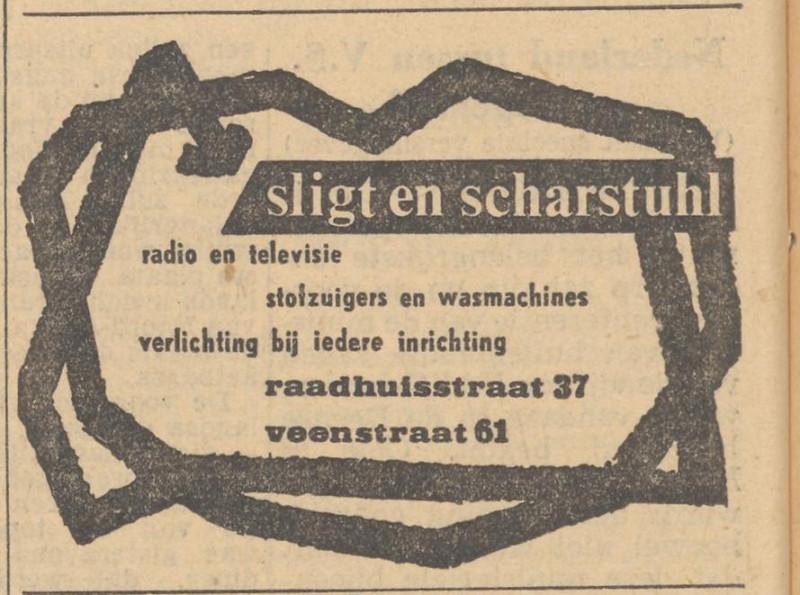 Raadhuisstraat 37 Sligt en Scharstuhl advertentie Tubantia 5-5-1958.jpg