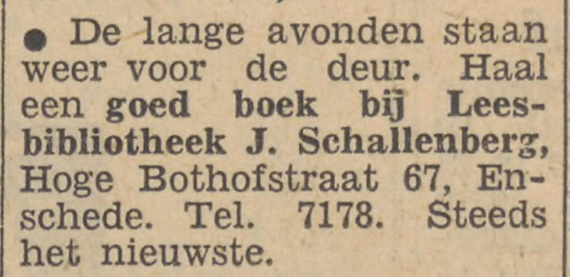 Hoge Bothofstraat 67 Sigarenwinkel en Leesbibliotheek J. Schallenberg advertentie Tubantia 16-10-1957.jpg
