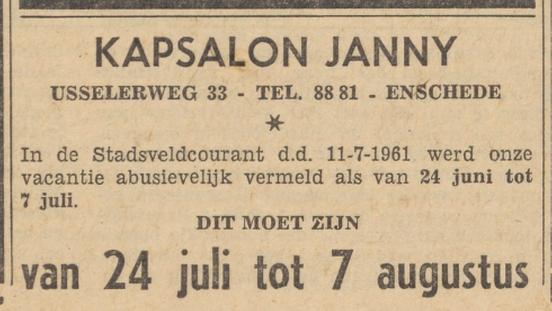Usselerweg 33 Kapsalon Janny advertentie Tubantia 14-7-1961.jpg