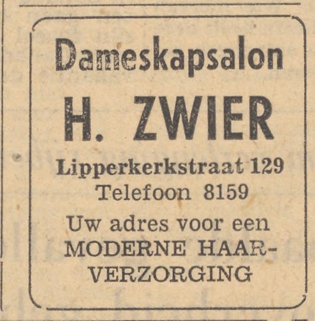 Lipperkerkstraat 129 Dameskapsalon H. Zwier advertentie Tubantia 10-5-1958.jpg