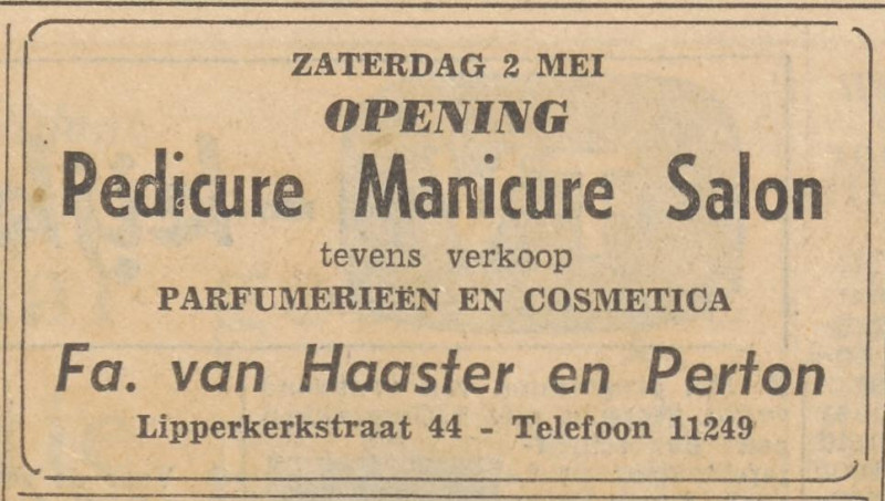 Lipperkerkstraat 44 Pedicure Manicure Salon Fa. van Haarst en Perton advertentie Tubantia 29-4-1959.jpg