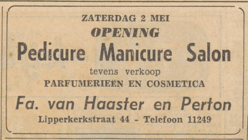 Lipperkerkstraat 44 Pedicure Manicure Salon Fa. van Haarst en Perton advertentie Tubantia 29-4-1959.jpg