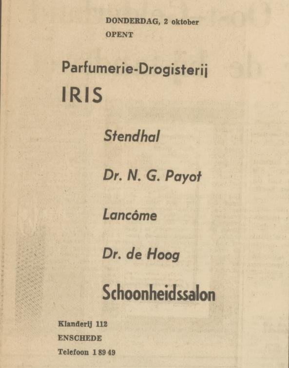 Klanderij 112 Parfumerie Drogisterij Iris advertentie Tubantia 1-10-1969.jpg