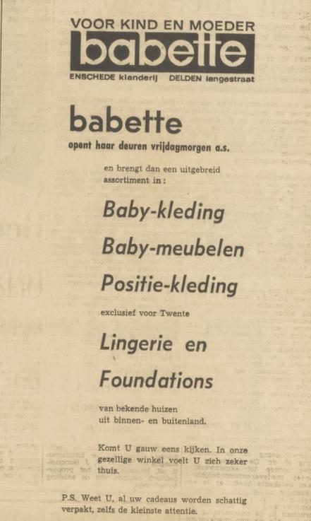 Kalanderstraat winkelcentrum Klanderij baby-kleding en lingerie Babette advertentie Tubantia 1-10-1969.jpg