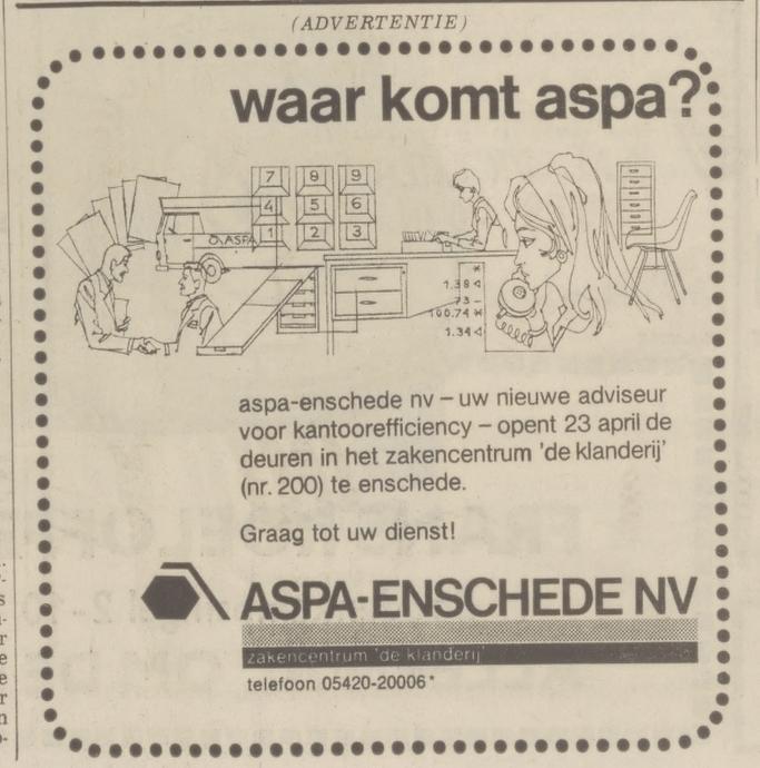 Klanderij 200 Aspa-Enschede N.V. kantoor efficiency advertentie Tubantia 14-4-1971.jpg