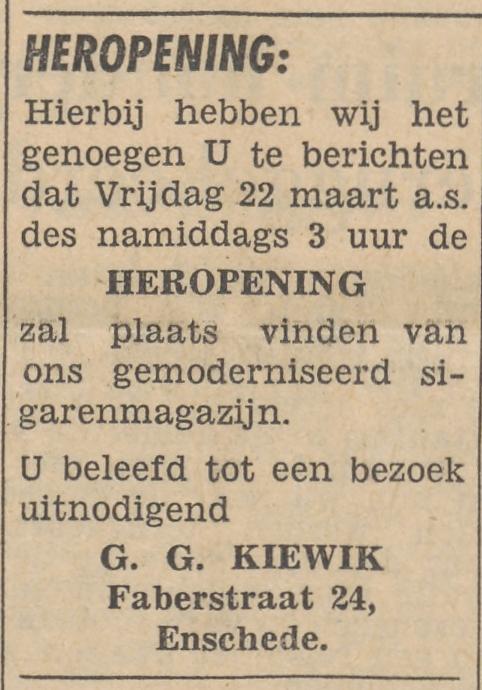 Faberstraat 24 sigarenmagazijn G.G. Kiewik advertentie Tubantia 21-3-1957.jpg