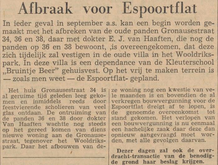 Gronausestraat 34-36 afbraak panden ivm bouw Espoortflat krantenbericht Tubantia 21-6-1963.jpg