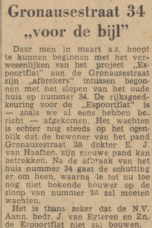 Gronausestraat 34 sloop pand ivm bouw Espoortflat krantenbericht Tubantia 27-8-1963.jpg
