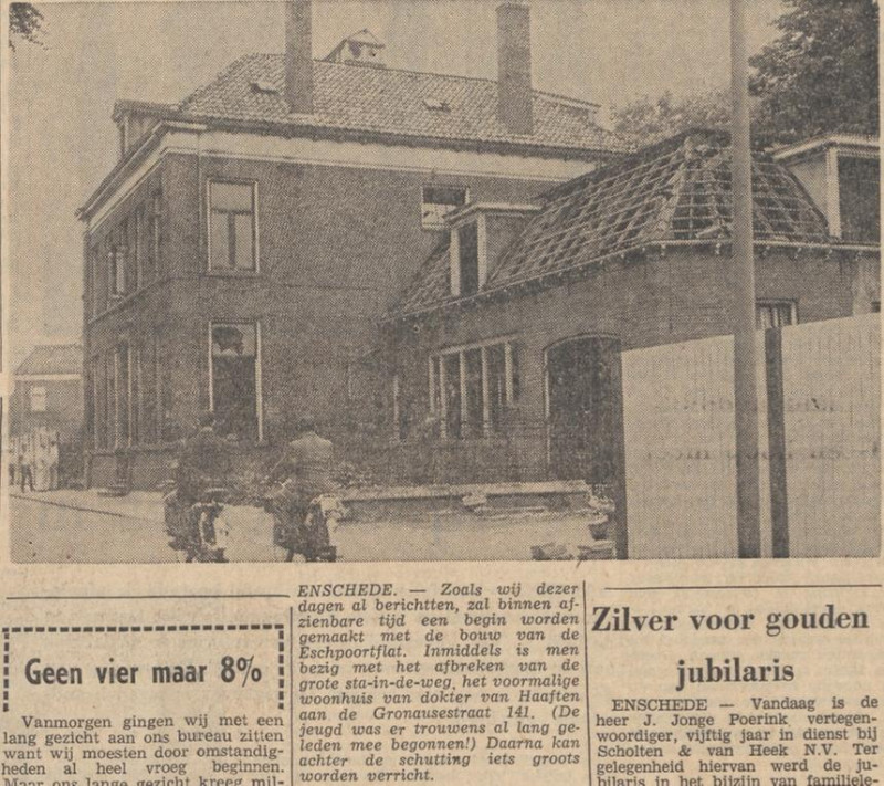 Gronausestraat 38 sloop voormalig woonhuis dokter van Haaften ivm bouw Espoortflat krantenbericht Tubantia 7-8-1964.jpg