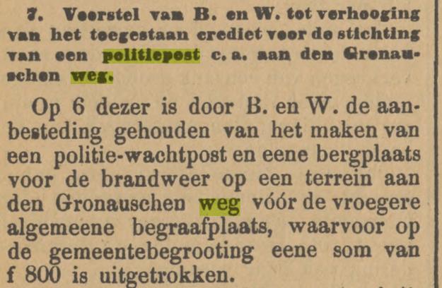 Gronauseweg politiepost op terrein voor de algemene begraafplaats krantenbericht Tubantia 19-3-1903.jpg